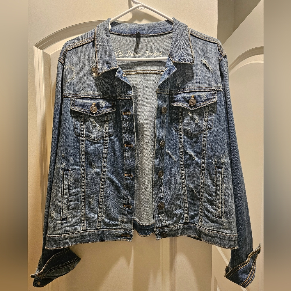 Womens Victoria's Secret Light Denim Distressed Jean Jacket Size Large